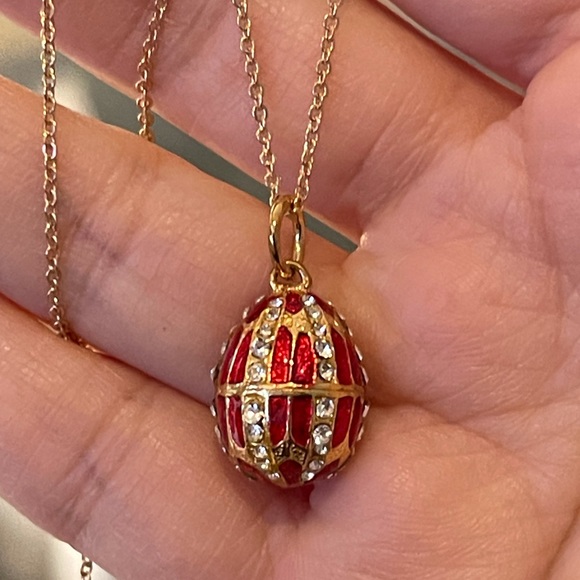 Vintage Jewelry - Faberge style red enamel diamanté gold tone egg pendant & chain